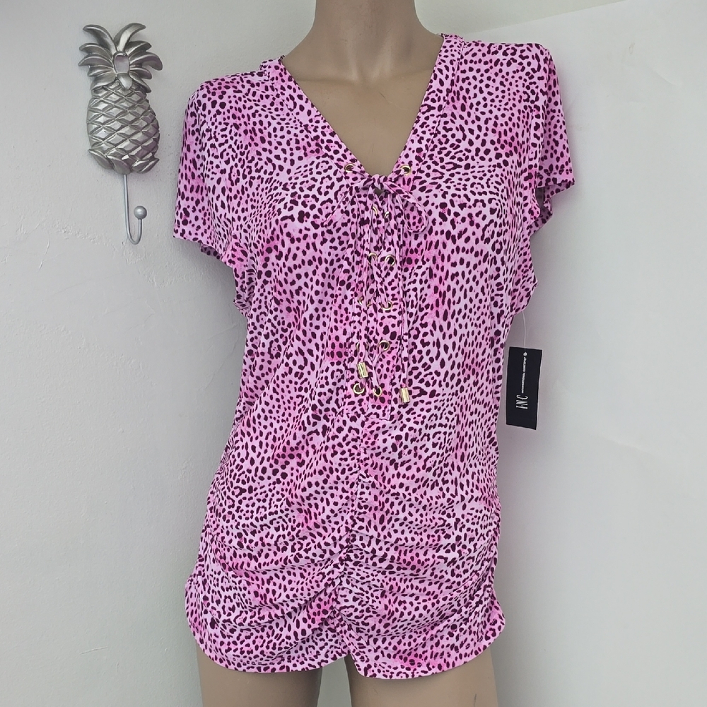 I.N.C. Womens Pink Keeley Animal Print V-Neck Pullover Top Size Large NWT